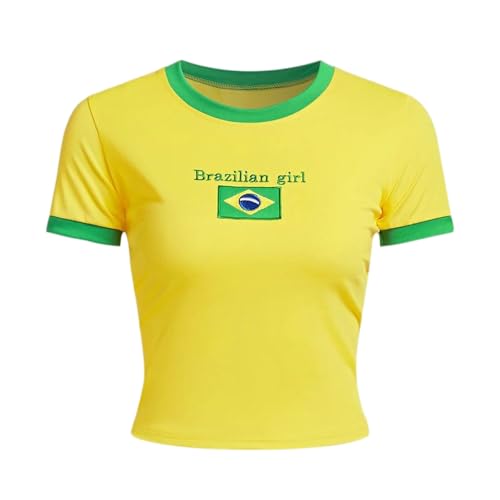 Maillot de football manches courtes pour femme Brésil Football Tee Haut classique à col rond Fitness T-shirt de sport d'été à manches courtes Séchage...