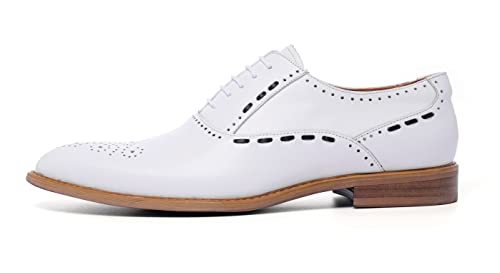 Santimon Mens White Oxfords Formal Dress Shoes - Genuine Leather Classic Round Toe Wingtip Brogue Lace Up Derby Shoes for Wedding Business3