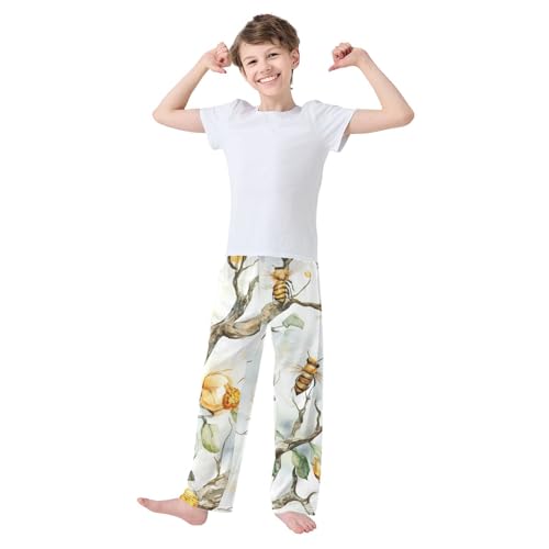 ZZXXB Watercolor Bee Hive Boys Long Pants Soft Trousers Elastic Waist Kids Lounge Bottoms with Pockets S-XL3