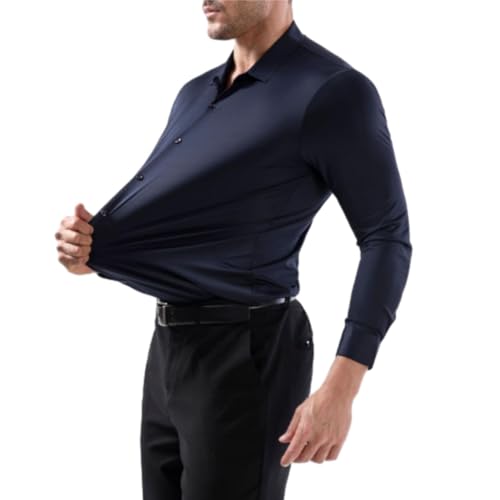 Camisa elástica sin planchar antiarrugas, camisa formal de manga larga elástica sin arrugas con botones de ajuste regular, azul marino, L