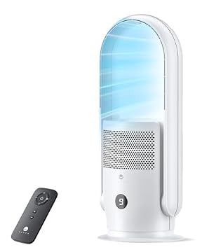 ULTTY Bladeless Tower Fan and Air Purifier Combo, Quiet Oscillating Fan with Remote & Touch Control, 9 Speeds, 8H Timer, HEPA Air Filter, Safe Floor Fan for Bedroom Home Office White, 23.5"inch