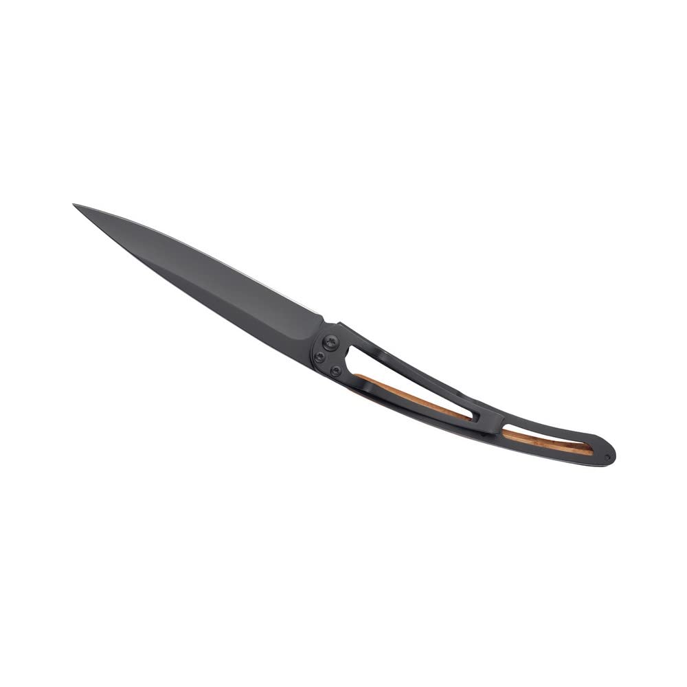 Deejo - Couteau de Poche Pliant 37g - Manche en Bois de Genévrier, Lame en Acier Inoxydable Z40C13 - Motif Art Déco - Couteau de Table, Randonnée, Camping, Bivouac
