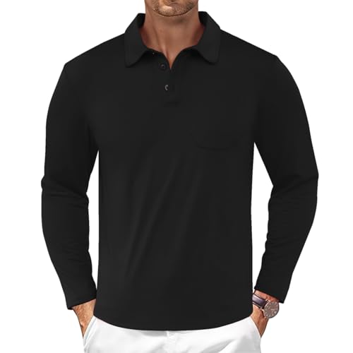 Men's Athletic Long Sleeve Polo Shirt Lightweight Button Collared Golf Shirts with Pocket