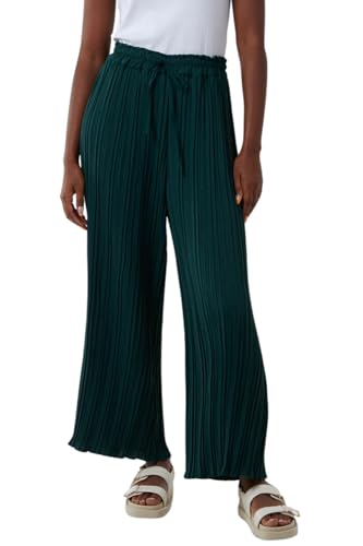 Image of STAR FASHION Ladies Wide Leg Plisse Stretch Trousers Drawstring Elastic Waist Casual Pants Bottoms Trousers for Womens Bottle Green