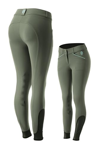Equinavia Astrid Womens Silicone Knee Patch Breeches | Mid Rise Riding Pants with Phone Pockets - Agave Green/Green - 36