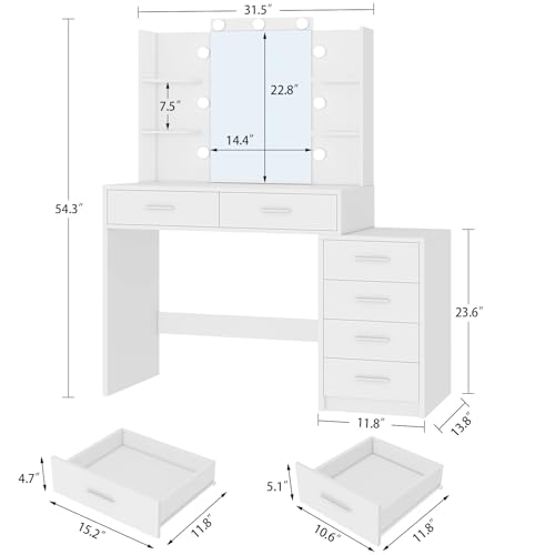 Image of FIONESO 43.3 inch W Vanity Desk with Mirror and 9 LED Lights, Makeup Vanity with 6 Drawers, 6 Open Shelves, 3 Color Modes & Adjustable Brightness, Dressing Table for Girls Bedroom, White