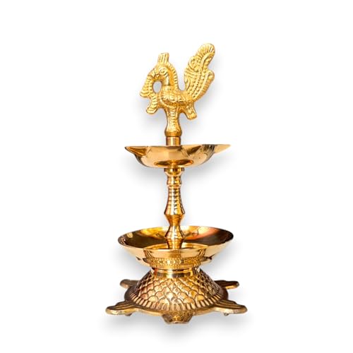 Image of Kerala Brass Peacock Head Tortoise Panchmukhi Diya for Pooja with Flower Holder | Small Size Kachua Kuthu Vilakku, Brass Diya for Pooja and Home, Office & Gifting | 6 Inches, 275 Grams