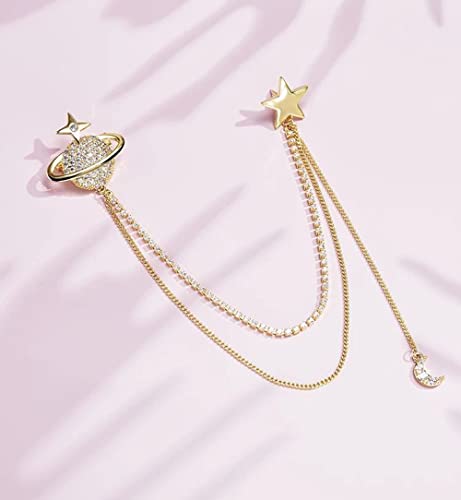 Image of Fashion Planet Star Brooch Pin Cubic Zirconia with Crystal Tassel Chain Crescent Moon Clip Coat Suit Corsage Lapel Brooches Pins for Women Girls Clothing Jackets Badges