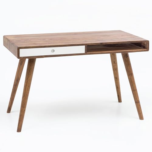Wohnling Schreibtisch REPA weiß 120 x 60 x 75 cm Massiv Holz Laptoptisch Sheesham Natur, Landhaus-Stil Arbeitstisch mit 1 Schublade, Bürotisch PC-Tisch