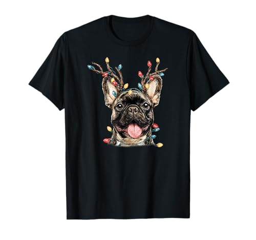 Santa French Bulldog Reindeer Light Christmas T-Shirt