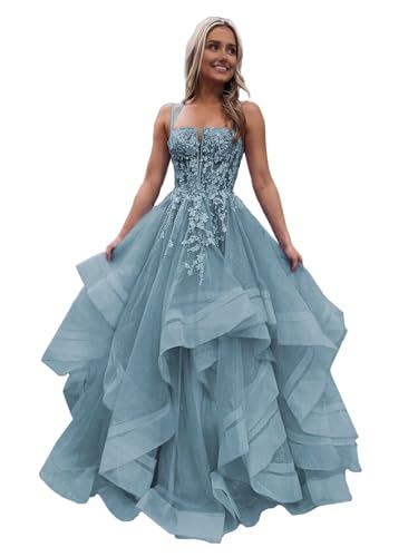 Spaghetti Straps Tulle Prom Dresses for Women Laces Ruffle Sparkly Tulle Formal Evening Gown ZX58