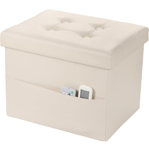 Image of Bsketa Storage Ottoman Bench,16 Inch Folding Leather Foot Rest Stool, Beige | Small Ottoman with Side Pockets, Thicker Foam Padded Seat, Livingroom, Dorm, Bedroom, Easy to install, 38L, 16x12x12in