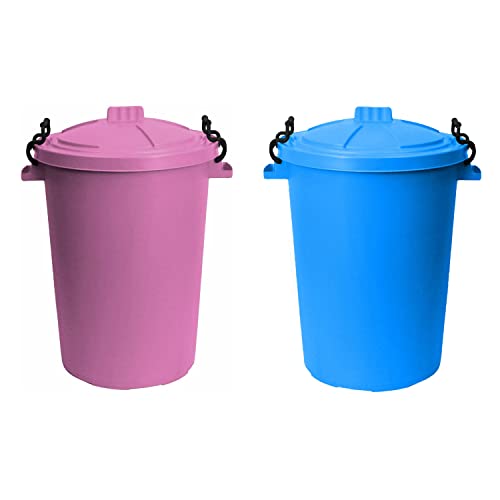 Set of 2- 50Litre Sky Blue and Pink Heavy Duty Plastic Clip Lock Lid Bin Indoor or Outdoor Rubbish, Trash Can, Dustbin Waste or Storage of Animal Feed, Colourful Bins - Made in U.K. (Pink & Sky Blue)