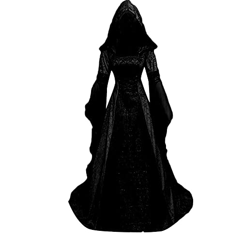 Nsercvb Halloween Kostüm Damen, Gothic Kleidung Übergröße Schnürkleid mit Kapuze Mittelalter Kleid Trompetenärmel Maxikleider Renaissance Party...