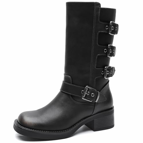 Image of GLOBALWIN Chunky Mid Calf Fashion Dressy Motocycle Biker Military Style Combat Boots for Women Low Heel