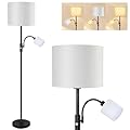 AUQUEE Floor Lamp Standing Lamp, Modern Living Room Lamp with Reading Lamp, Bright Boho Lamp with White Lamp Shade, 3-Way Rotary Switch, Black Corner Lamp for Bedroom Office (LED Bulbs Included)