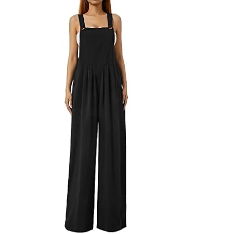 Women Loose Wide Leg Jumpsuit Sleeveless Spaghetti Straps Baggy Playsuit Rompers Casual Summer Solid Color Overalls with Pockets (Black , L ) Cover