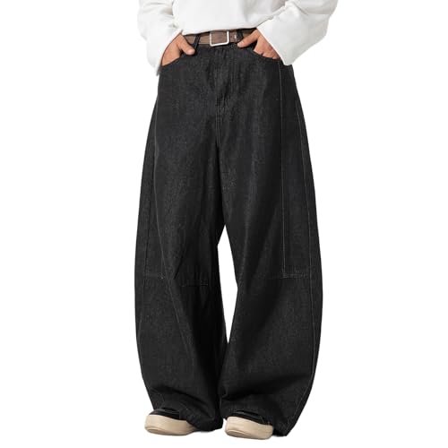 Barrel Jeans Men Baggy High Waist Wide Leg Skater Denim Pants Streetwear Barrel Leg Bottoms Relaxed Fit Loose with Pockets