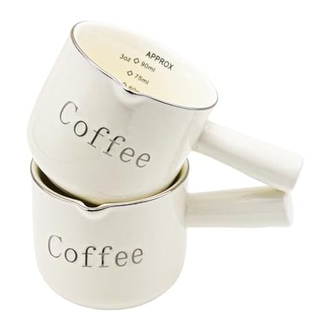 2 Pack Espresso Cups Ceramic with Handle, Measuring Cup with Dual Scale, Espresso Shot with V-Shaped Mouth, 3 OZ Espresso Accessories Espresso Measuring Cup (Cream) Cover