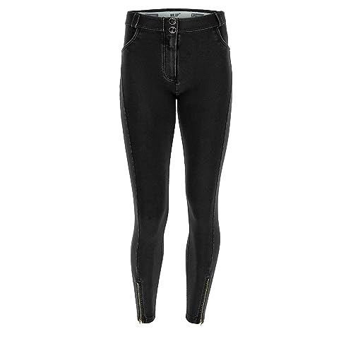 FREDDY - Jeggings Push Up Wr.up® Vita Alta 7/8 Con Zip Sul Fondo, Donna, Denim Nero, Extra Small