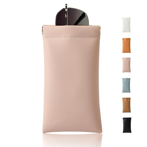 MEIBOOCH Squeeze Top Sunglass Case, New Organosilicon Soft PU Leather Eyeglass Glass Case Travel Large Sunglasses Pouch (No phrase printed, Pink)