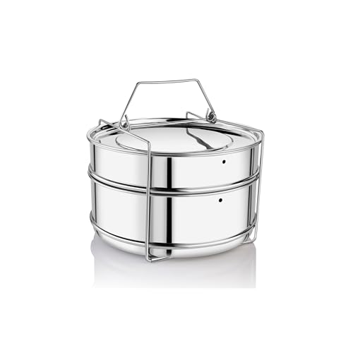 Embassy Stainless Steel Cooker Separator | Suitable for 3 litres Prestige Deluxe Plus Outer Lid Pressure Cookers | 2 Containers with Lifter | Dimension - 15x15x11 cm