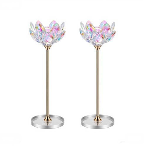 ZHYOCOGY Crystal Candle Holders with Gift Box, Lotus Flower Candlestick Holders with Mirror Base, Metal Stand, Elegant Table Centerpieces for Home Decor, Wedding, Party (Gold, 2Pcs, Taper candle)