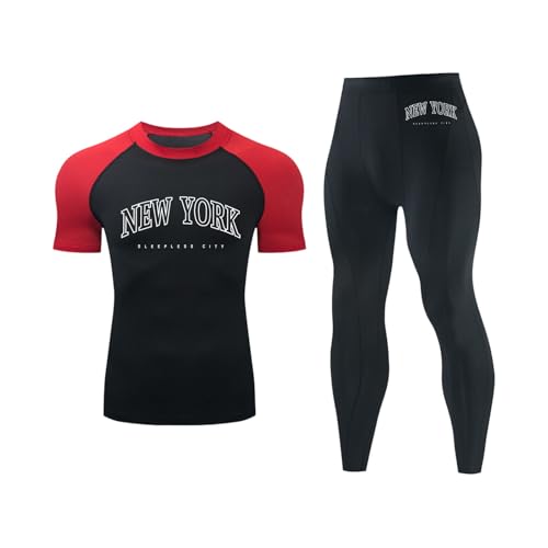 Generisch Ropa de fitness para hombre, conjunto de compresión, ropa deportiva, 2 piezas, cuello redondo, manga corta, pantalones de compresión, transpirables, de secado rápido, fitness, chándal