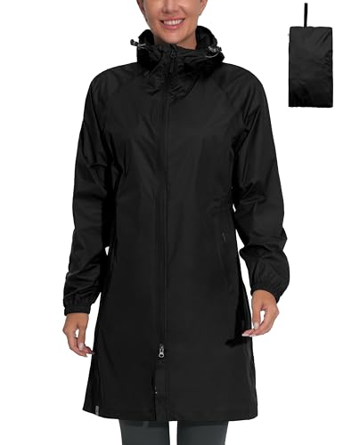 Mapamyumco Women's Ultra-Light Packable Waterproof Long Rain Jacket, Hooded Raincoat with Zipper Pockets