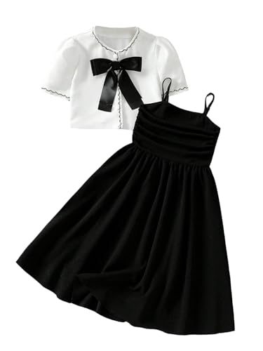 Verdusa Tween Girls Dress 2 Piece Outfits Cami Dress with Bow Shrug Trendy Cute Clothes For Girls 10-12