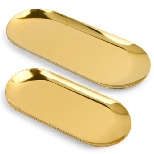 Shengxi Lot de 2 plateaux de service en acier inoxydable, plateau ovale doré, métal, cosmétiques, plateau pour bijoux, assiettes décoratives, dorées, pour...