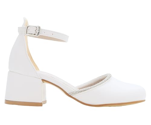 SIRRI Girls’ Block Heel Mary Janes, Ankle Strap Closed Round Toe Rhinestone Trim Communion Shoes2