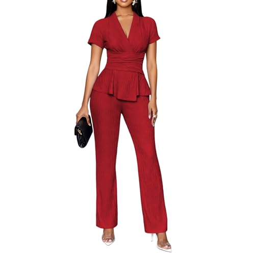 TOPSRANI Womens Bodycon Lounge Sets Two Piece Outfits Casual Sweatsuits Tracksuit V-Neck Short Sleeve Cute Pants Sets Solid Red XL
