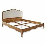 Cadre sculpté à la main Loberon Lit Serravalle, cadre sculpté à la main, style maison de campagne française, tête de lit incurvée ornementale, meuble de chambre, lit en bois, bois de manguier, lin, marron/blanc