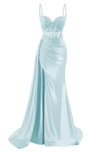 Spaghetti Strap Satin Prom Dresses with Slit Long Mermaid Sequin Light Blue Formal Evening Gown Lace...