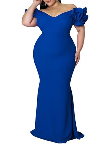 Image of Ekaliy Women's Plus Size Maxi Dress Elegant V-Neck Ruffle Sleeves Bodycon Mermaid Evening Gown