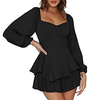 Pink Queen Damen Boho Jumpsuit Laterne Langarm Rüschenschicht Fliege Rücken Taille Mini Kleid Kurzer Strampler Schwarz L