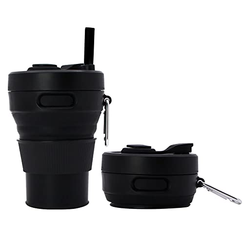 折りたたみカップ シリコンカップ アウトドアコップ シリコン折りたたみコーヒーカップ コーヒーカップ シリコン食器 アイデア 携帯 伸縮 漏れ防止 アウトドアスポーツ キャンプ 旅行 大容量 450ml (ブラック,450ml)