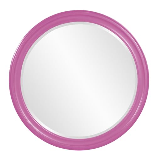 Image of Howard Elliott Collection George Round Glossy Hot Pink Wall Mirror, Bevelled Vintage Hanging Wood Framed Vanity Mirrors for Home Decor, Living Room, Bathroom, Bedroom, or Hallway, 36 Inch Round