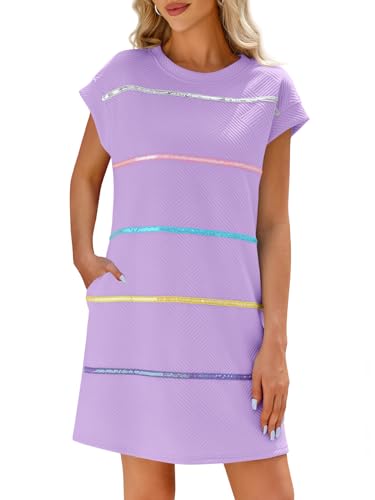 Wenrine Womens Textured T Shirt Dress Short Sleeve Summer Casual Sequin Stripe Mini Dresses