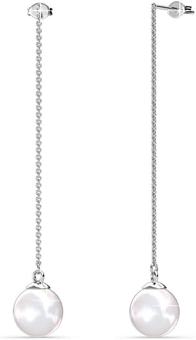 Cate & Chloe Aspen 18k White Gold-Plated Pearl Dangle Earrings with Simulated Diamond Crystals, Elegant Jewelry for Women, Giftable Accessory for Her on Christmas, Birthday, Anniversary