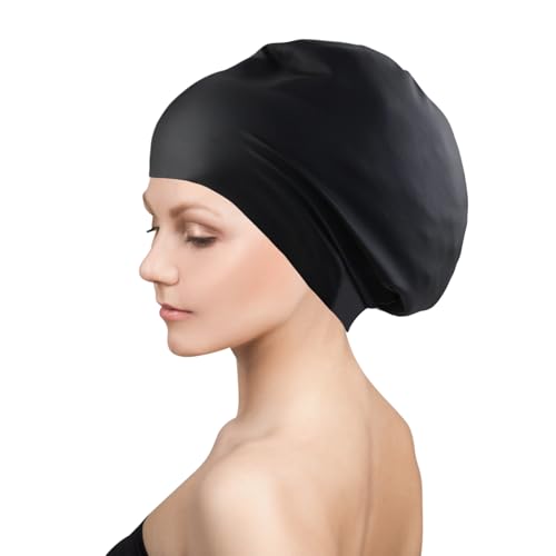Dalephoric Gorro de Natación Mujer, Gorro Piscina Mujer de Silicona, Impermeable, Tejido Elástico y Secado Rápido, Swimming Cap, Suave y Cómodo, para Pelo Largo, Trenzas, Rizos y Afro, Negro