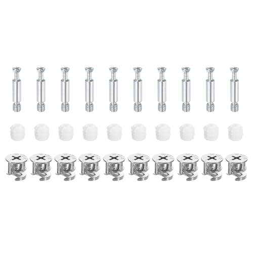 sourcing map 10Set 15x14mm Furniture Cam Lock Fitting with 5.8x32mm Dowel Fasteners, 3-in-1 Metal Furniture Board Connecting Screws Bolts Assortment Kit for Cabinets Chairs Drawer