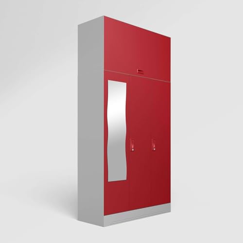 Image of Interio by Godrej Almirah Slimline 3-Door Steel Almirah, Cupboard for Clothes (Royal Ivory and Baked Apple), 1-Year Warranty, 6 Shelves, 1 Locker, 2 Drawers, Overhead Unit, Curvilinear Mirror