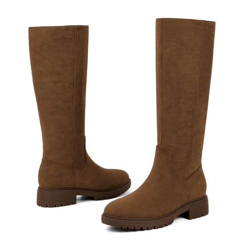 Image of VIUGJNEX Knee High Boots Women Low Heel Flat Chunky Fall Tall Riding Boots
