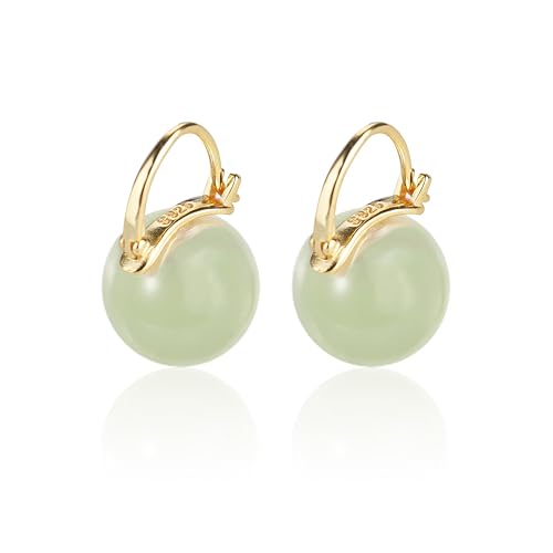 Voaino Elegant 925 Sterling Silver Jade Green Drop Earrings for Women 18K Gold Plated Round Dangle Stud Earrings Leightweight hypoallergenic Minimalist Jewelry