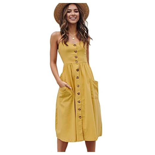 OMZIN Damen Kleid Midikleid Cocktailkleid Sommerkleid Strandkleid Urlaubkleid Ärmellos Sexykleid Vintage Gelb XXL