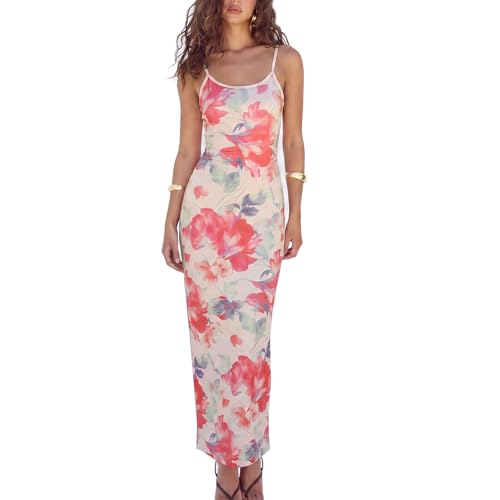 Image of Womens Summer Casual Floral Dresses Spaghetti Strap Bodycon Maxi Beach Dress Elegant Evening Party Long Dresses