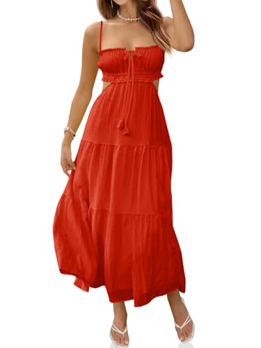 Fisoew Women's Spaghetti Strap Maxi Dress Summer Sleeveless Side Cut Out Dress Casual Backless Boho Flowy Long Dresses Orange