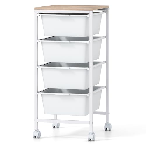 Giantex Rolling Storage Cart with 4 Drawers, Utility Cart w/Wooden Tabletop, Lockable Wheels, Multipurpose Organizer for Art Craft Scrapbook Paper, Drawer Carts for Dorm Classroom Office, White